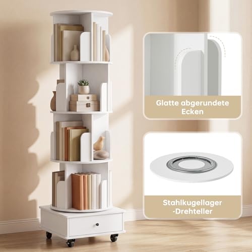 Nordivale Drehbares Bücherregal 360° Frei, Bücherregal Drehbar Weiß, Bücherregal Kinder mit rollbar & extra Unterschublade, für Wohnzimmer… – Ansicht 4