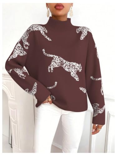 Image of WDIRARA Women's Leopard Tiger Print Sweater High Neck Long Sleeve Fuzzy Knitted Pullover Top