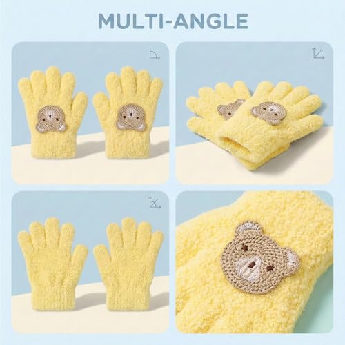 Image of Kraptick Kids Winter Gloves - Ultra-Soft Thick Knit Fuzzy Warm Mittens for Boys & Girls Cute Bear Patch Thermal Hand Warmers for Toddlers & Children -1