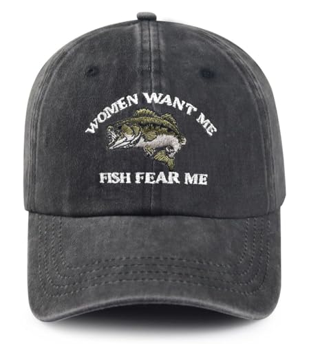 Women Want Me Fish Fear Me Baseball Cap Vintage Embroidered Fishing Gifts for Men Adjustable Washed Cotton Snap Back Dad Hat Valentines Gifts