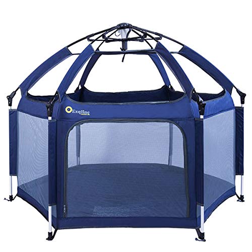 Parque Bebs Porttil con Colchn, Parque Infantil Bebe Ligero 6 Paneles con Pabelln Anti-UV, Baby Playpen Interiores y Exteriores (Azul Marino con Estera)