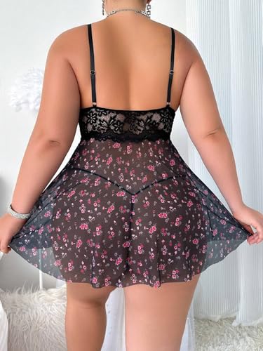 JuicyRose Women Plus Size Lace Lingerie Flower Print Nightwear Hollow Out Babydoll Chemise Sleepwear3