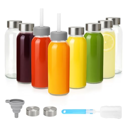 Zukro 10.5oz Glass Juice & Water Bottles with Stainless Steel Lids 8 Pack | Leak Proof Reusable Small Clear Drinking Bottle With Straw for Juicing, Smoothie, Dishwasher & Fridge Safe, BPA Fr