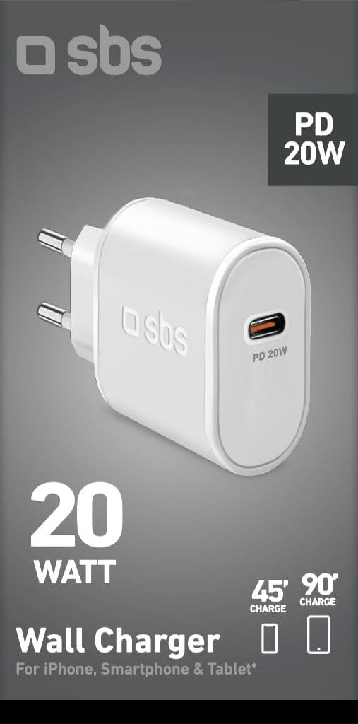 SBS Alimentatore USB-C 20W, Power Delivery (PD), Ricarica Rapida, Compatto, Caricatore per iPhone, iPad, Airpods, Samsung, Pixel, Tablet, Smartphone, Bianco