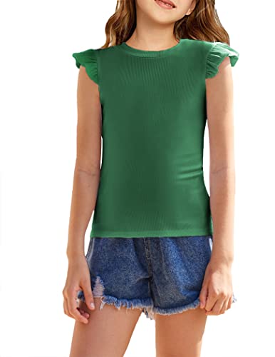 Image of Flypigs Girls T Shirts Ruffle Sleeve Summer Casual Ribbed Knit Crewneck Tee Tops Blouses