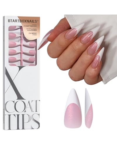 BTArtboxnails XCOATTIPS Stiletto Press On Nails - French Tip Press On Nails Pink Glitter Base 96 Pcs Long Fake Nails Salon Quality Soak Off Soft Gel Nail Tips Extension in 16 Sizes