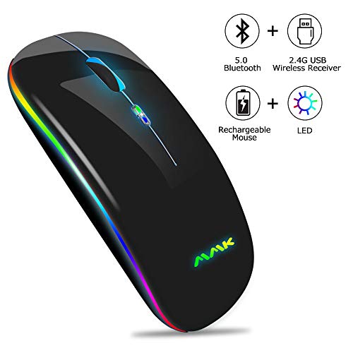 Ratón Inalámbrico Bluetooth Recargable, Ratón Retroiluminado de 7 Colores con Mini Receptor USB de 2,4 GHz, 1200,1600DPI Ajustable,Compatible con Laptop, PC, Ordenador, Chromebook, Notebook(Negro)