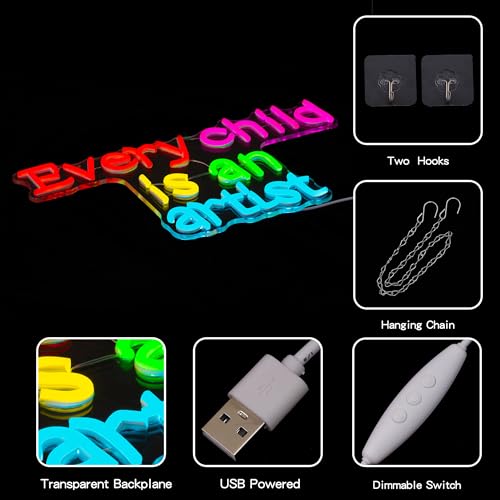 Image of inchEvery Child Is An Artist inch Neon Sign Letter Neon Light for Wall Decor Colorful LED Neon Sign Classroom LED Neon Light Children Neon Signs for Bedroom Kids Room Drawing Room Decor Gift