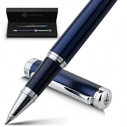 WANDERINGS Bolígrafo Rollerball Premium con Tinta Alemana – Escritura Sobresaliente, Detalles en Cromo – Brisa Azul– Incluye un Recambio Schmidt en un Estuche de Presentación para Regalo