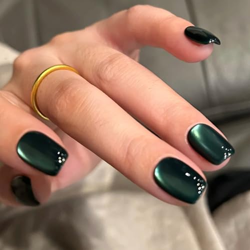 Dark Green Press On Short Square Cat Eye Acrylic Ombre Artificial...