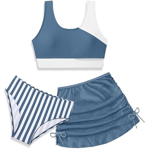 BAVADER Girls Swimsuit Size 9 10 Color Block Girls Bathing Suit Size 8-10 Stripe 3 Piece Bathing Suits for Girls Swimsuits Blue Bikini with Cover Up Kids Bathing Suits Girls Cover