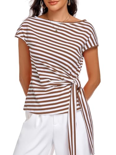 Image of HOTIAN Womens Cap Sleeve T Shirts 2026 Tie Waist Wrap Tops Crew Neck Blouses Dressy Casual Loose Work Business Dressy