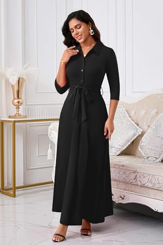 Image of Runwind Women Church Maxi Dresses 3 /4 Sleeve Button Down Print Casual Office Dress African