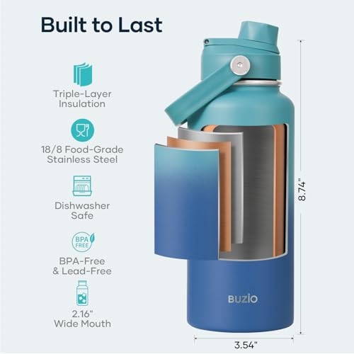 Image of BUZIO Insulated Stainless Steel Water Bottle 32 oz with Straw & Spout Lids