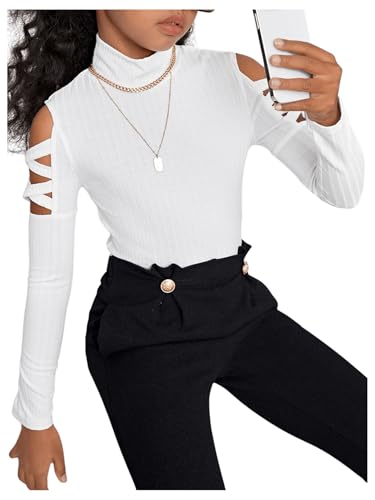 Image of RoseSeek Girl's Long Sleeve Mock Neck Ribbed Knit Tee Shirts Crisscross Cold Shoulder Tops White 11-12Y