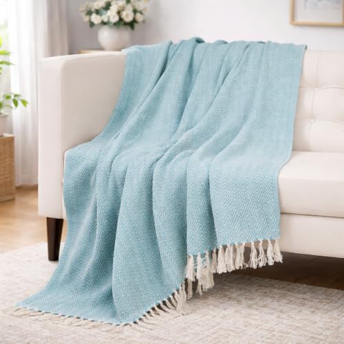 Image of Tarantaran All Season Cotton Weaved Throw Blanket for Bed /Sofa 50x70 Inches Aqua