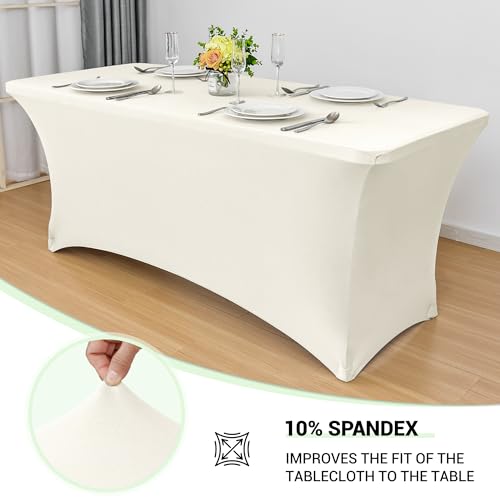 Image of Obstal 6ft Stretch Spandex Table Cover - 4 Pack Universal Rectangular Fitted Tablecloth Protector for Wedding, Banquet and Party (Cream, 72L x 30W x 30H Inches)