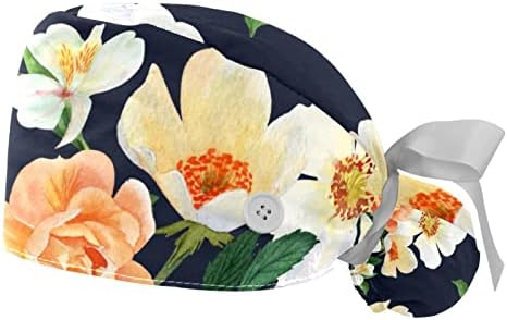 Mersov Watercolor Flowers Scrub Hats for Women Long Hair, Working Cap with Button & Sweatband, Unisex Tie Back 2 Packs, Multicoloured 5, Medium-3X-Large