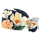 Mersov Watercolor Flowers Scrub Hats for Women Long Hair, Working Cap with Button & Sweatband, Unise
