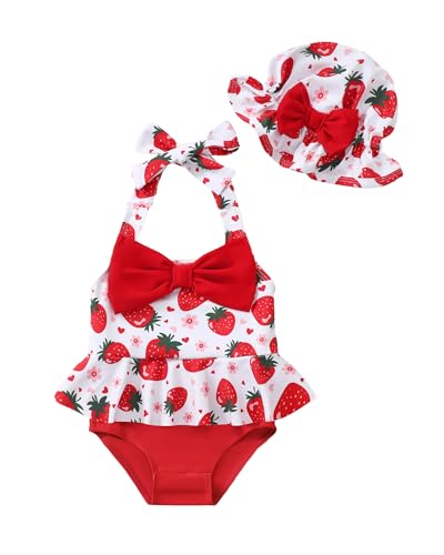 Image of Kucnuzki Baby Girl Swimsuit Newborn One Piece Bathing Suit Bow Tie Bikini Tankini Infant Swimwear with Hat