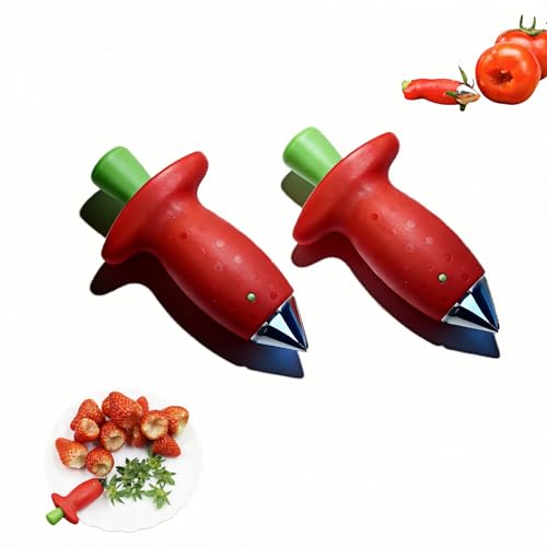Yayaboqu Strawberry Huller Stem Remover, Stainless Steel Fruit Corer Tool for Strawberries, Tomatoes, Pineapples, Red/Green, 2 Pack
