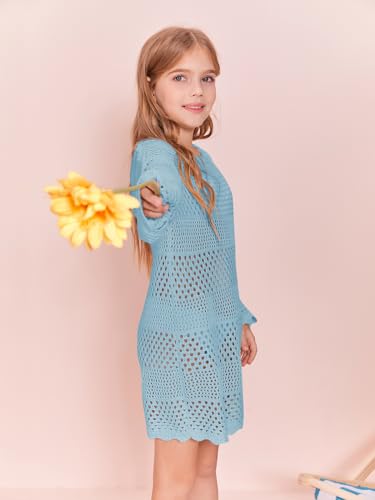 Image of Batermoon Girls Crochet Long Sleeve Swimsuit Cover Up Kids Fashion Hollow Out Swimwear Beach Dress 5-14 Years