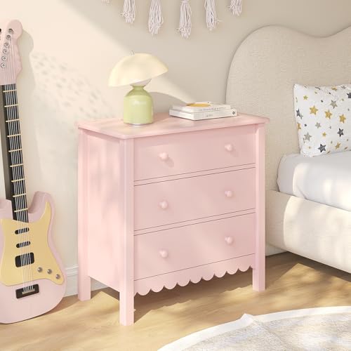Vikiullf Large Nightstand with 3 Drawers, Pink, Engineered Wood, 27.56 x 13.78 x 26.97 inches (Pink)