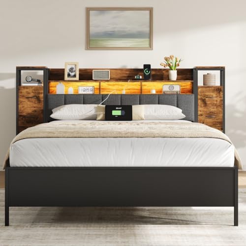 King Size Headboard with Bedside 8 Fabric Drawers, Upholstered Headboard with Charging Station & Adjustable RGB LED Lights, 2-Tier Storage Shelves Head Board with Storage, Brown - 5