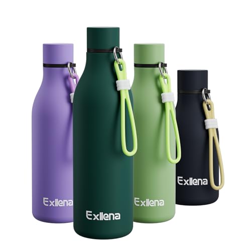 Exllena Metal Water Bottle 750ml with Silicone Strap, Double Wall Vacuum Insulated Water Bottles Keeps Drinks Cold 24 Hrs/Hot 12 Hrs, Stainless Steel Water Bottle BPA Free(Lake Blue)