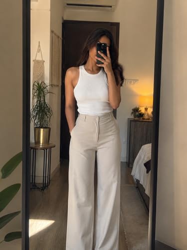 Image of Korean Pants for Woman | High Waist Wide Leg Trouser | Formal Office Casual Wear | Zero See-Through Semi-Stretchable Fabric