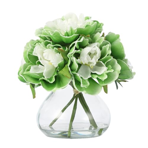 GarveeTech Real Touch Silk Peony Artificial Flowers, Green Peonies in Glass Vase with Faux Water, Large Flower Arrangement for Wedding Centerpiece, Ho