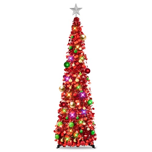 N&T NIETING Pop Up Christmas Tree with Lights & 30 Balls, 5Ft Collapsible Red Tinsel Christmas Tree Decoration for Holiday Xmas Home Office Decor