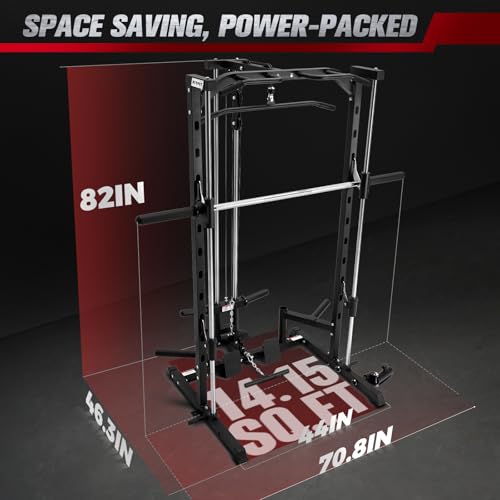 Image of RitFit Smith Machine Power Rack with LAT-Pull Down System, Landmine, Barbell Bar, Plate Storage Pegs and More Training Attachment