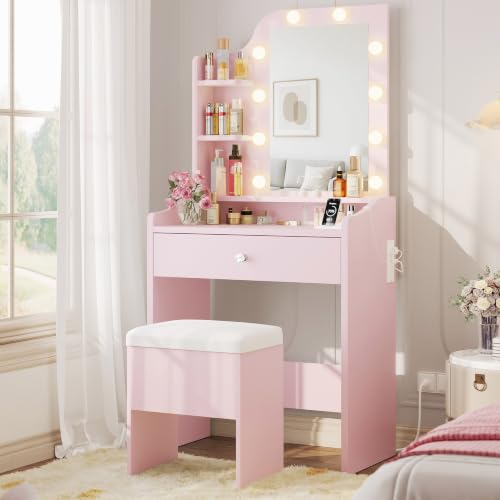 Image of LIKIMIO Small Vanity Desk with Mirror Lights and Storage Stool, Pink