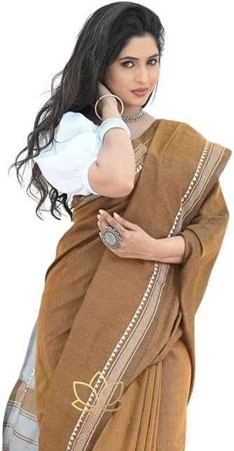 Women's Designer Cotton Indian Handloom Khadi Ethnic Saree With Tassels Unstitched Blouse Piece for Festival Wear