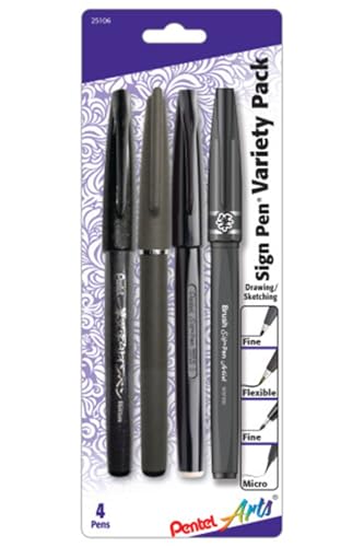 Pentel Arts Sign Pen Variety Pack - 4-Pack (S520-A, ST150-A, SES15-NA, SESF30-A)