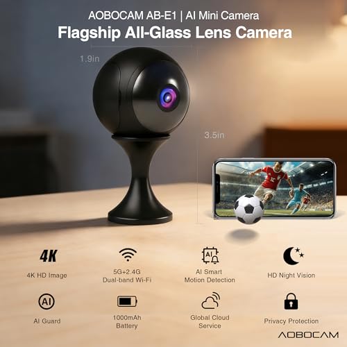 Image of AOBOCAM Mini Security Camera 4K WiFi Rechargeable, Night Vision 5GHz WiFi,Motion Detection, Bluetooth App Control, 24 /7 Cycle Recording, Indoor Cam for Home, Office Pet Baby Nanny Cam