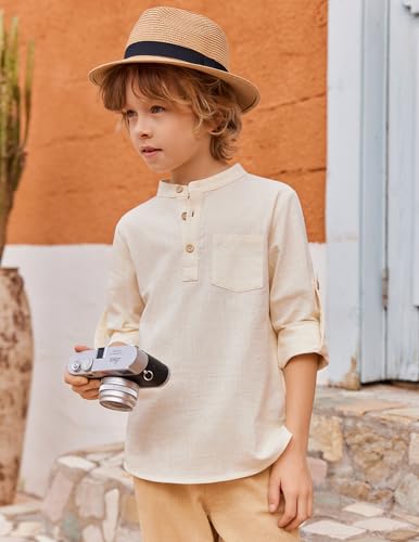 Image of Arshiner Boys Cotton Linen Henley Shirt Button Down Shirt Long Sleeve T Shirt Beach Shirt Tee Casual Solid Tops