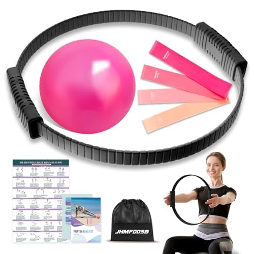 JHMFDDSB Pilates Ring Set, Pilates Essentials Kit with Pilates Ring and Ball, 4 Resistance Bands, Portable Bag & Training Poster, at Home Pilates Starter Workouts Equipment Kit for Women