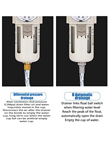 3/8" Inch Npt Compressed Air Filter Regulator Lubricator Combo Water/Oil Trap Separator Air Filter Pressure Regulator Automatic Drainage Ac3010-03D (3/8" Npt, Automatic Drainage) #TOP4