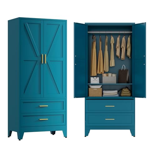 Image of Blue Metal Wardrobe Closet, Armoire Wardrobe with Two Drawers Clothes Cabinet for Bedroom, 71 inch Tall Farmhouse Steel Armoire Closet with Drawers and 2 Doors Clothing Storage Cabinet with Hanging Rod