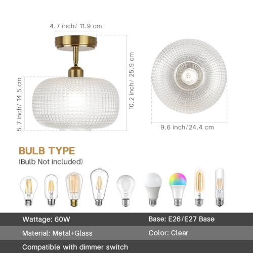 Image of Glass Semi Flush Mount Ceiling Light Fixture, Gold Vintage Globe Lamp, Sloped Ceiling Adaptable, for Hallway, Kitchen, Bedroom, or Entryway, Modern Farmhouse Style Light for Dining Room