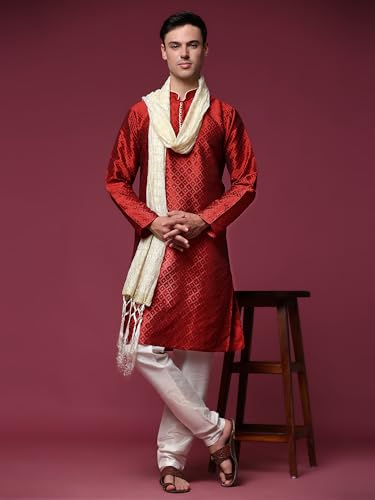 SKAVIJ Men's Jacquard Silk Kurta Pajama Set with Scarf Ethnic Motifs 3-Piece Set (Small, Red)4