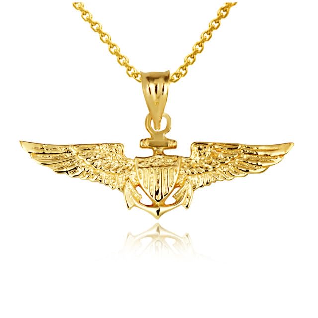 United States Navy Officially Licensed Shield Eagle Anchor Emblem Fine Pendant Necklace With 22 Rolo Chain Real Solid 10Kt Yellow Gold
