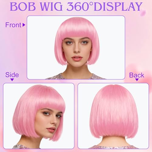 Image of MEEZY 2 Pcs Colorful Bob Wigs with Bangs Pink Purple for Women, Neon Funny Wig Short Bob Hair with Heart Sunglasses Hair Cap for Halloween Costume Cosplay Birthday Bachelorette Party Carnival