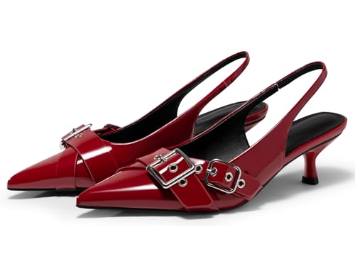 Image of Coutgo Womens Slingback Kitten Heels Closed Pointed Toe Pumps Studded Buckle Strap Party Dress Shoes