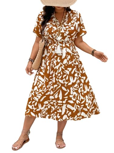 Image of Floerns Women's Plus Size Boho Hawaiian Tropical Dresses V Neck Short Sleeve Floral A Line Long Dress Vacation Beach Outfits