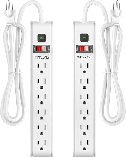 TiFFCOFiO Surge Protector Power Strip 6 Feet Extension Cord 600 Joules Surge Protection Multiple Protection 6 Outlet Strip 14 AWG Cord 15A/1875W ETL Listed 2 Packs