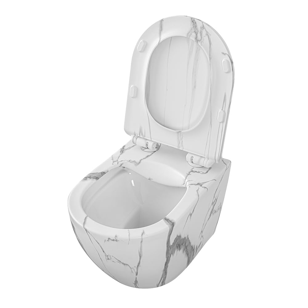 Set Sanitari Sospesi Rimless Ceramica Effetto Marmorizzato Bianco Linea Tokyo L 36 x P 55 x H 33 cm Sedile Soft-Close
