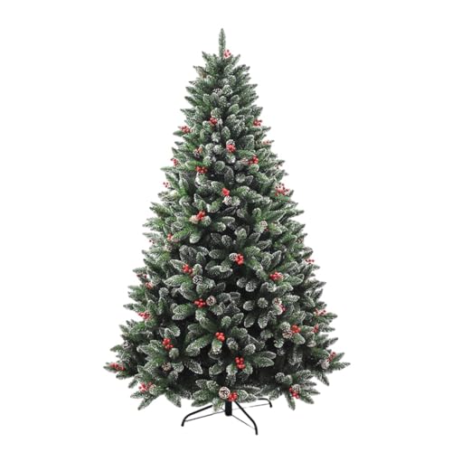 Image of Fizzytech 6 Feet Premium Artificial Christmas Tree with 944 Branch Tips, Snow Flocked Design, Red Berries & Pinecones, Metal Stand, Easy Assembly, Christmas Decoration for Home & Office